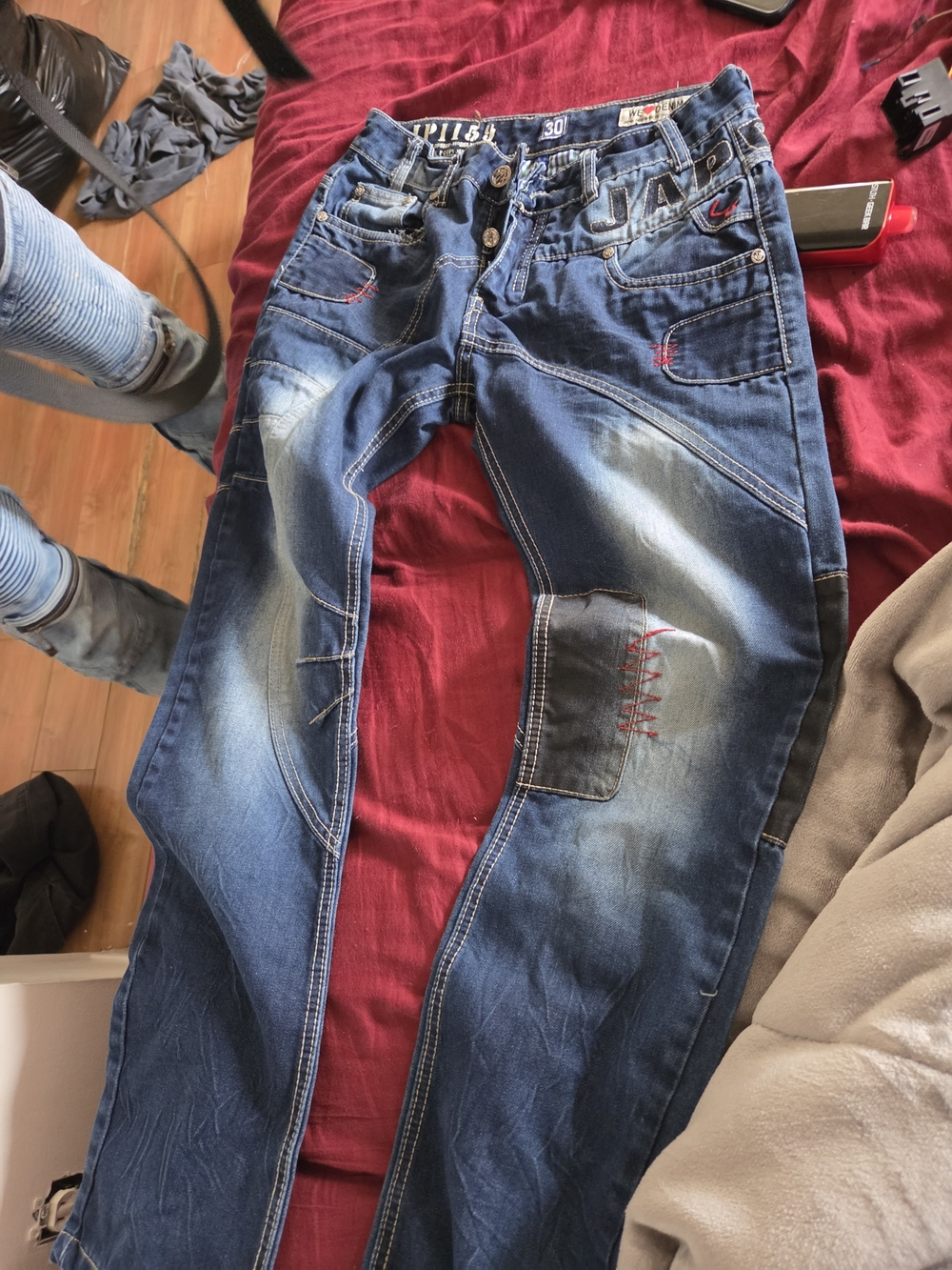 Men's Blue Washed Patchwork Jeans